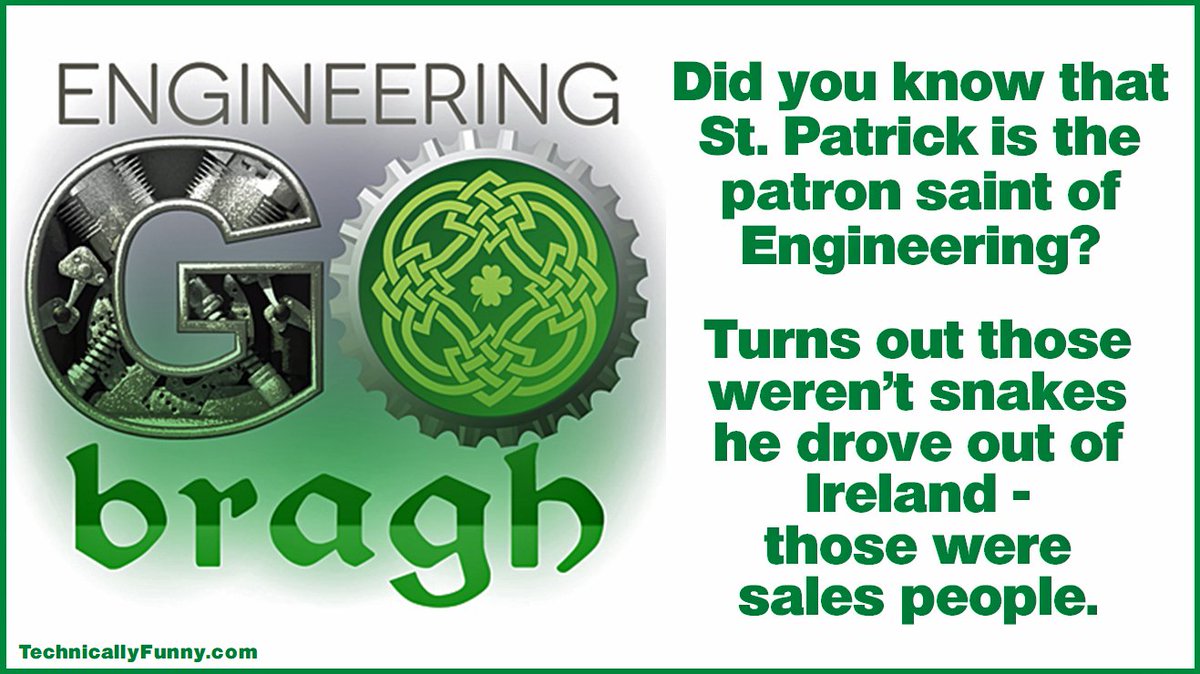 donmcmillan's tweet photo. "My Dad was so Irish he once passed a Blarney Stone".
Keep laughing my friends - and Happy St. Patrick's Day! #StPatricksDay #GreenEngineers https://t.co/vgaej1TU4L
