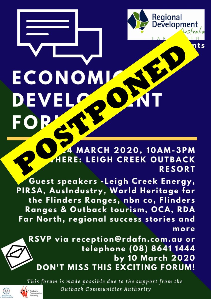 Please note that due to travel and other restrictions imposed as a result of the COVID-19 outbreak, the Economic Development Forum that was to be held in Leigh Creek on 24 March has been POSTPONED. We will advise of a new date as soon as we can. Thanks for your understanding.