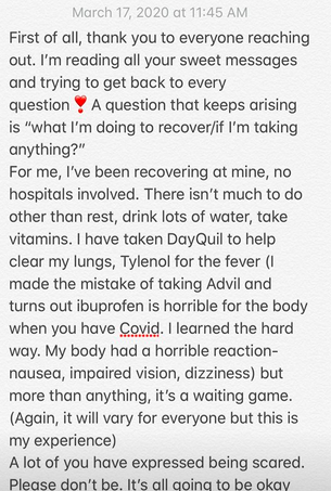 Rachel D5-7: feeling more like self, still short of breath, loss of appetite, fatigue, no taste/smell but overall okay. What she's doing for all this in picture. Or check out her insta...