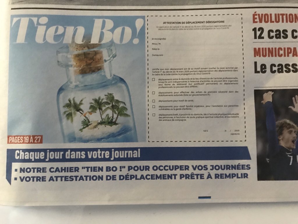 Pokhara8's tweet photo. 🔴 🦠Très bonne initiative du Journal de l’Ile de #LaRéunion de mettre 1 attestation de sortie / jour dans le quotidien ; bravo, on économise du papier de l’encre ; cependant, en imprimer 4 au lieu d’1, sur 1 page entière, serait + judicieux ! #covid19 #COVID19fr #JIR #team974 🇷🇪 https://t.co/KT3GnelQSt