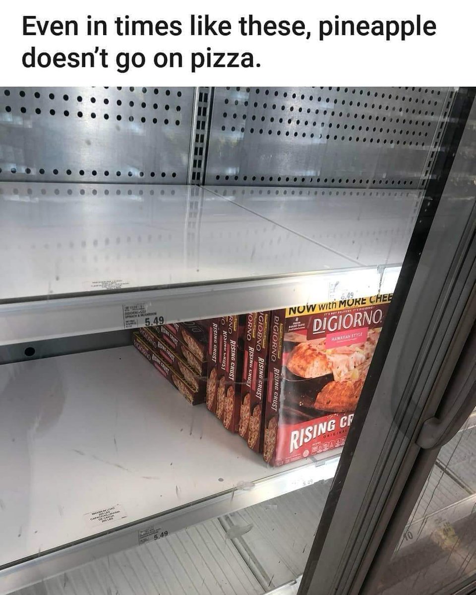 Hawaiian pizza is the red headed step child even in a crisis. More for me, I guess! Right <a href="/buzzbrainard/">Buzz Brainard</a> ? #Idontcarewhatothersthink #Iloveit #givepineappleachance