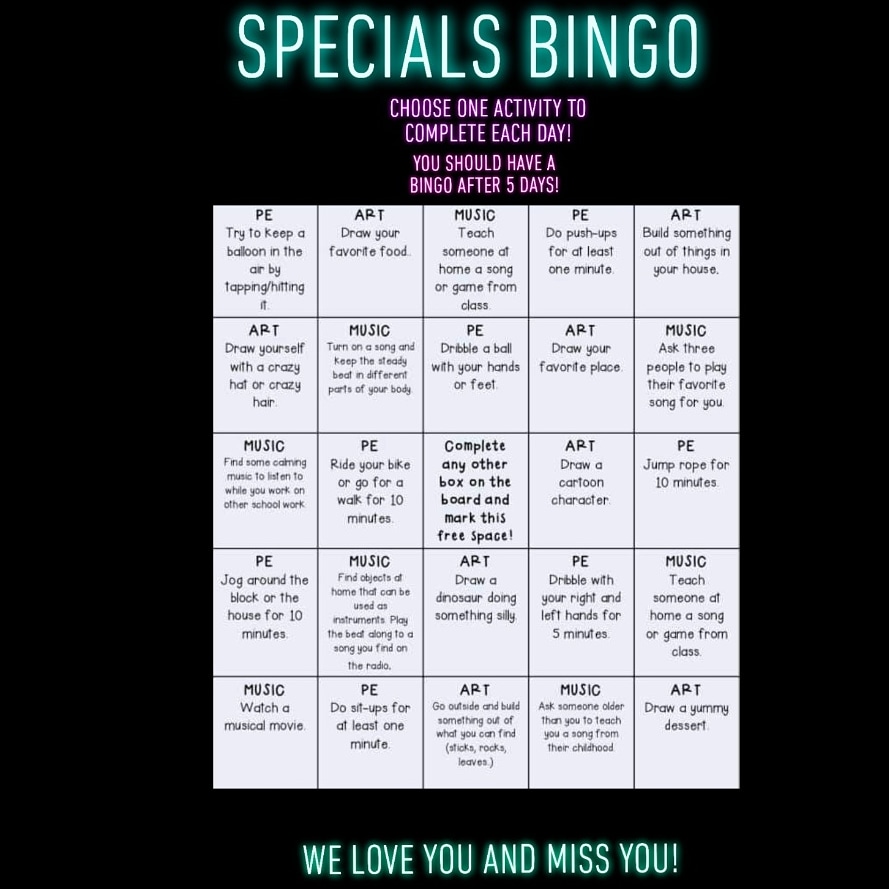 AustinSpecials's tweet photo. Here some fun activities you can do in place of Specials while at home! 🎶🏀🎨 #AustinGoing4Gold #TYLERISD #AddValue @austintylerisd @TJAustinMusic https://t.co/Sqn961sALP