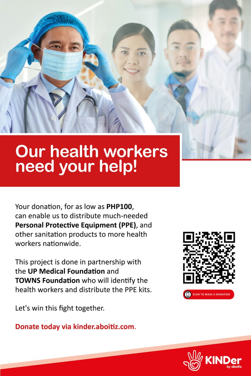 AboitizFDN's tweet photo. Help our health workers fight COVID-19. A donation as low as PhP100 can mean a lot to protect lives, enable our health workers to stay healthy to care for more people, and eventually slow the rate of COVID-19 infections in the country. Donate now at https://t.co/C6W4epw5oY. https://t.co/zcI6silnAy
