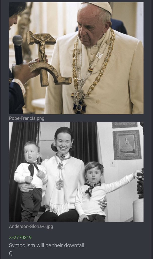 También la obsesión del Vaticano y el Papa que rinden culto al Sol, mostrando la cabeza de una serpiente, comparando los collares del Papa con los de la bruja Gloria Vanderbilt, madre de Anderson Cooper. “El simbolismo será su caída”.