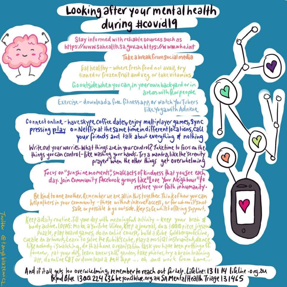 tanyablazewicz's tweet image. I couldn't find any wholesome memes or infographics about #covid19 and looking after your #mentalhealth so I made one. (Please note some information is SA based) #selfcare #mentalhealthmatters @SAMHC_ @MHCoalitionSA @SAHealth