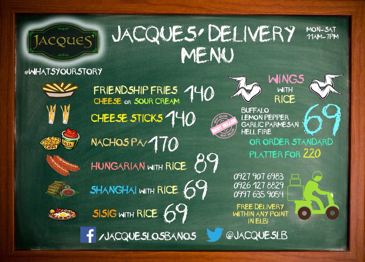 jacquesLB's tweet photo. We are offering our best-sellers, door-to-door. Free Delivery (within eLBi)!
11am - 7pm, Mondays - Saturdays

Happy Quarantine! Mag-ingat po tayong lahat! Pag alis ni COVID, maghihiganti tayo sa PUB! Kitakits! 👌🍻🍺

Text or call po yung number/s

#JacquesLB
#WhatsYourStory https://t.co/UmUcGfPDeg