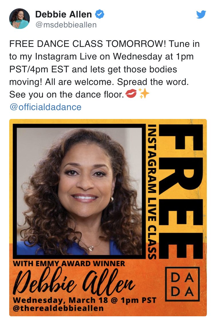 ktheodocion's tweet image. @HenryCountyBOE Physical Ed and Dance teachers — Debbie Allen teaches a virtual class Wednesday on Instagram Live #RemarkableRemoteLearningHCS #expectexceptionalhcs