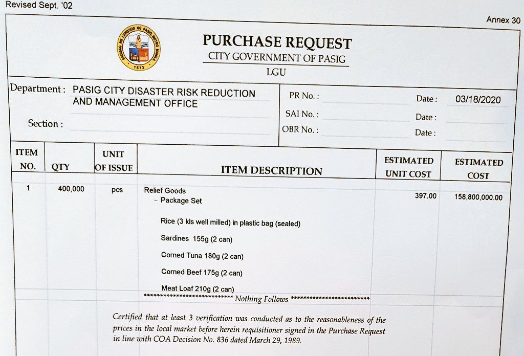Sa kasalukuyan ay inihahanda na namin ang Purchase Request para sa 400,000 food packs.

Hindi magiging madali ang logistics nito. Hihingi ang lungsod ng tulong sa mga pamahalaan pambarangay para sa distribusyon. 

(Mode: emergency procurement. Expected delivery: end of this week)