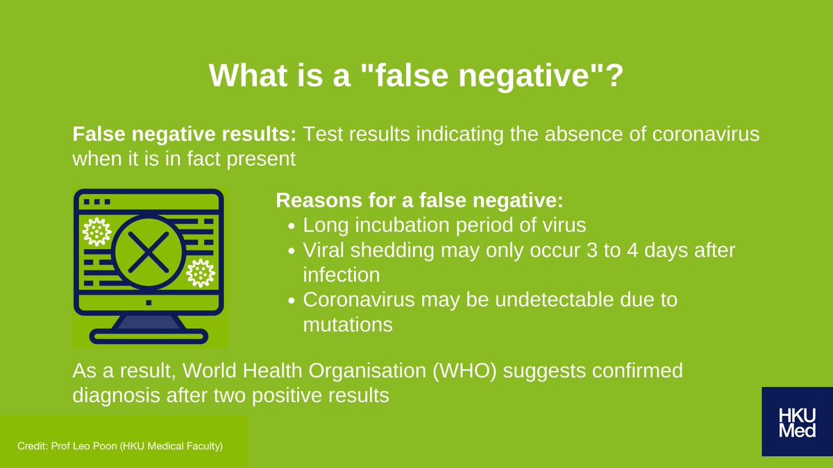 Q: What is a “false negative”?  A: The incubation period of  #SARS-CoV-2 can be long, and viral shedding may only occur after 3 to 4 days of infection. Rapid tests carried out during a time when viral concentrations are low may not detect the virus.  #KnowTheFacts  #COVID19