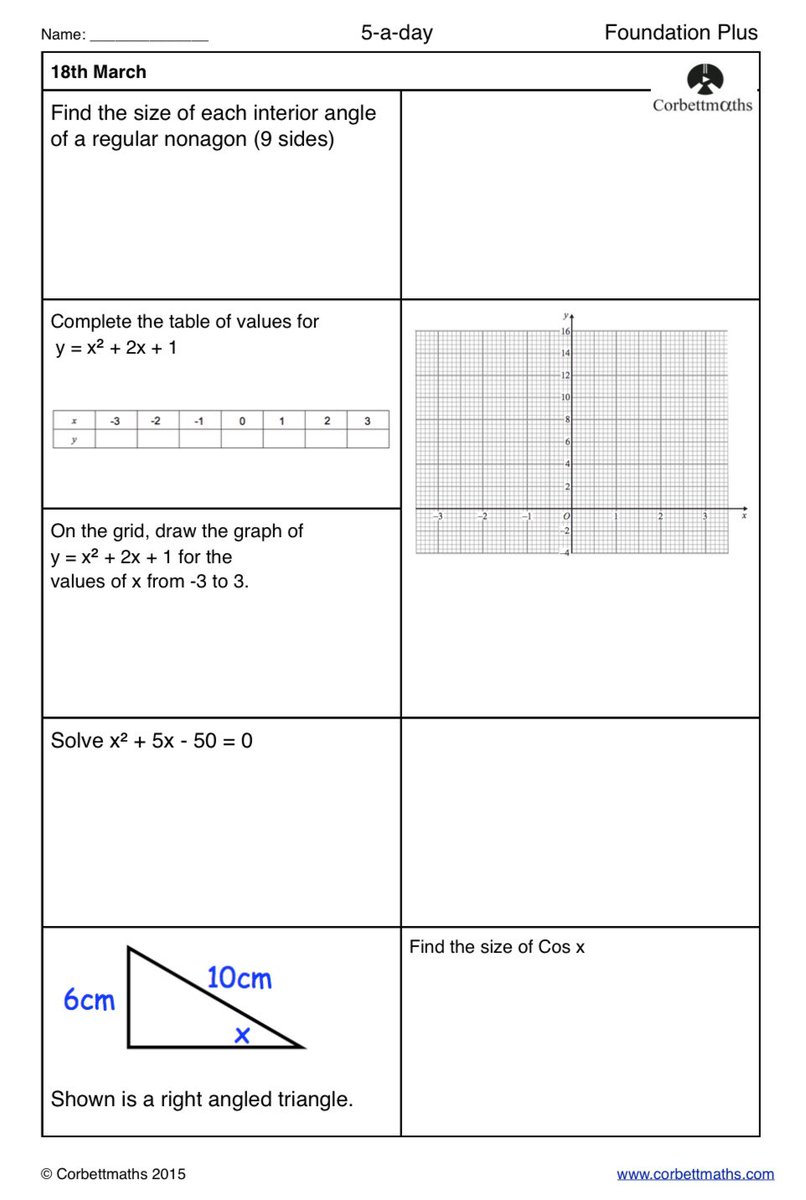 Corbettmaths's tweet photo. Studying for Higher GCSE Maths? Try today's Foundation Plus, Higher &amp; challenging Higher Plus #maths5aday answers: https://t.co/YFH42YTcTV https://t.co/3QqHqjpKud