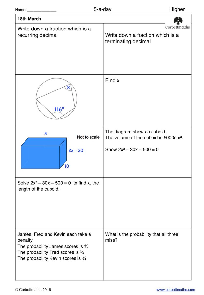 Corbettmaths's tweet photo. Studying for Higher GCSE Maths? Try today's Foundation Plus, Higher &amp; challenging Higher Plus #maths5aday answers: https://t.co/YFH42YTcTV https://t.co/3QqHqjpKud
