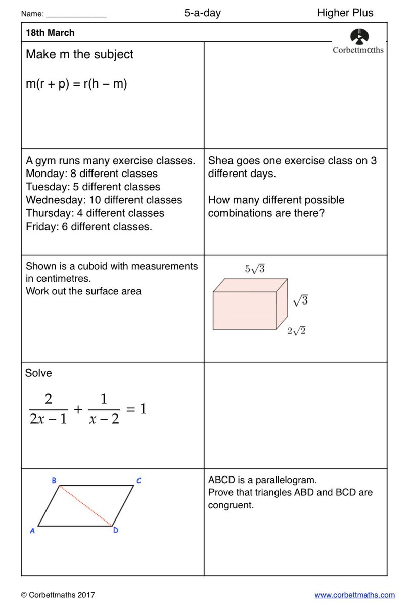 Corbettmaths's tweet photo. Studying for Higher GCSE Maths? Try today's Foundation Plus, Higher &amp; challenging Higher Plus #maths5aday answers: https://t.co/YFH42YTcTV https://t.co/3QqHqjpKud