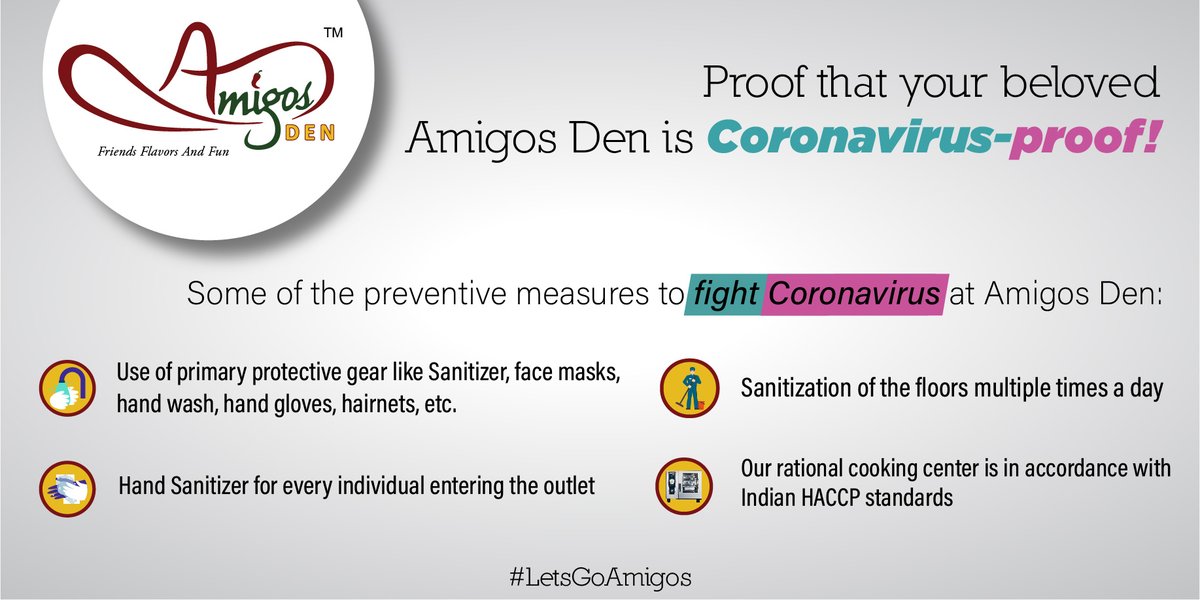 Amigos_Den's tweet photo. We are taking as much as preventive measures as possible to stop the Coronavirus pandemic. In such times, we assure you that the food on your plate is of the safest quality! #LetsGoAmigos https://t.co/ILN3LpgpaV