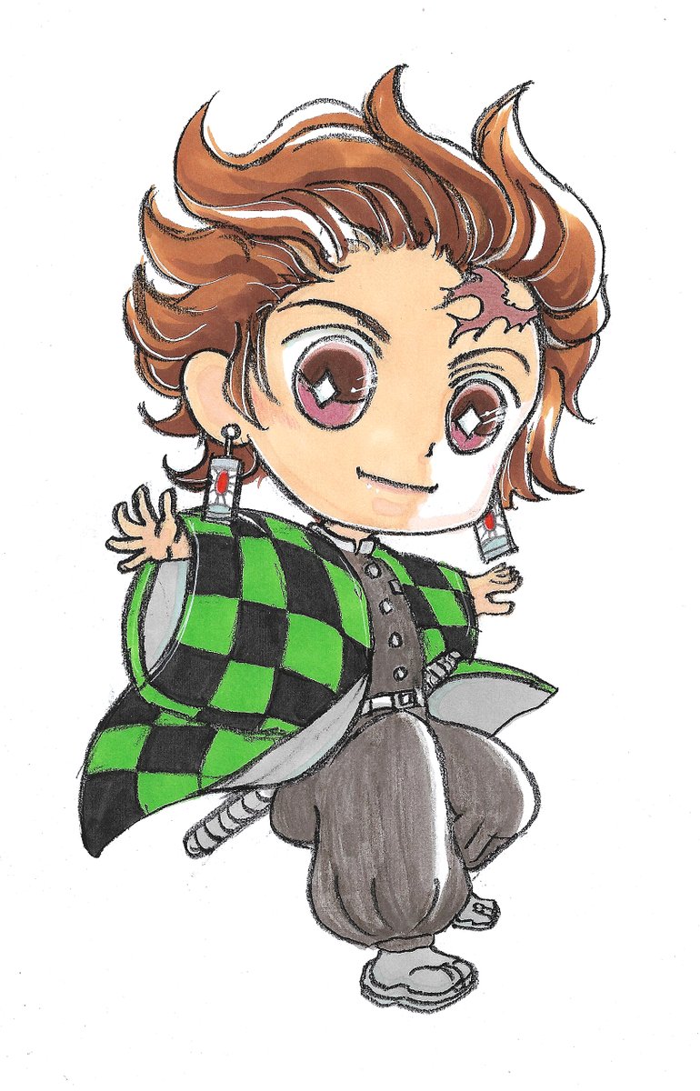 皆川みな子の二次創作赤 夕方 夜間と土日祝は低浮上 Twitterissa 今日は下一桁８で模写練習の日 三女希望のミニキャラ 炭治郎を模写 アナログ 鉛筆 コピック 色鉛筆 ミニキャラと左向きの絵はちょっと苦手だけど 見ながらなら描けなくもない 竈門炭治郎