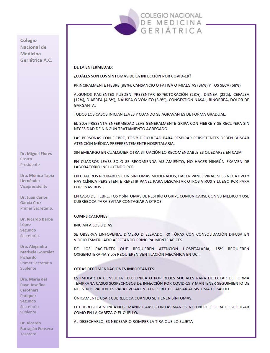 INCMNSZ_Geria's tweet image. Para mejor enfrentar la pandemia por la COVID-19, estas son las recomendaciones del colegio nacional de medicina geriátrica dirigida a los médicos que atienden a personas de 60 años y más.￼  🦠 1/2 @conameger