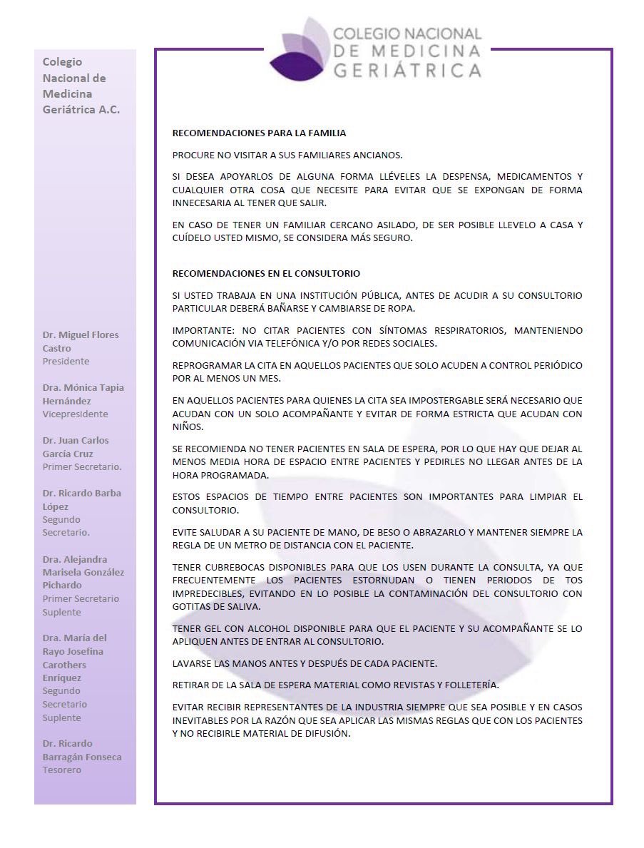 INCMNSZ_Geria's tweet image. Para mejor enfrentar la pandemia por la COVID-19, estas son las recomendaciones del colegio nacional de medicina geriátrica dirigida a los médicos que atienden a personas de 60 años y más.￼  🦠 1/2 @conameger