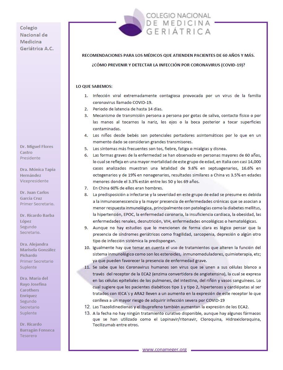 INCMNSZ_Geria's tweet image. Para mejor enfrentar la pandemia por la COVID-19, estas son las recomendaciones del colegio nacional de medicina geriátrica dirigida a los médicos que atienden a personas de 60 años y más.￼  🦠 1/2 @conameger