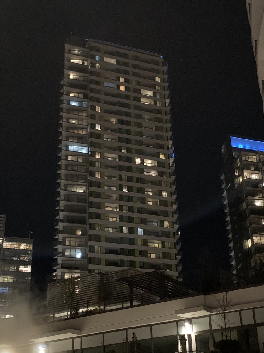 Various towers at Marine Gateway today around 8:30 pm. Surprised to see so few lights on considering this was largely marketed as reasonably affordable, transit-oriented housing for locals. #vanre  #HomesForWhom