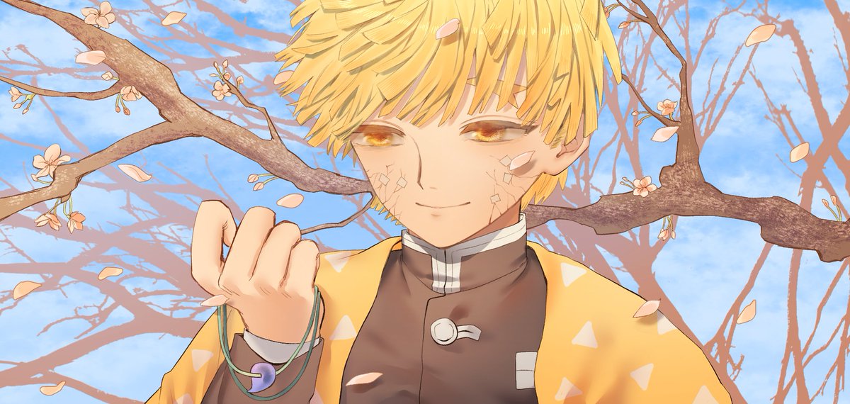 1boy demon slayer uniform blonde hair male focus solo petals haori  illustration images