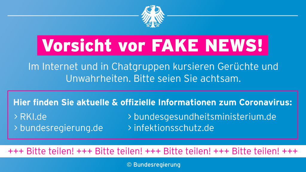 Kanzlerin #Merkel: Bitte halten Sie sich an die offiziellen Mitteilungen und schenken Sie den vielen Gerüchten zum #Coronavirus, die leider im Umlauf sind, keinen Glauben. Wir tun alles, um die Bevölkerung wirklich transparent zu informieren. #Covid19de