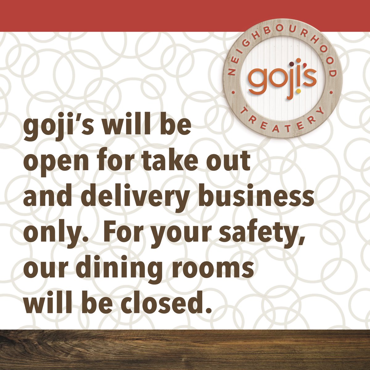As mandated by provincial governments and for the health of our communities, goji's will now be available for take-out and delivery services only.
- goji's 🧡