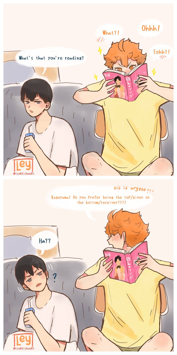 kagehina hanging out in a room but hinata's reading a BL manga 
??

// preference // 