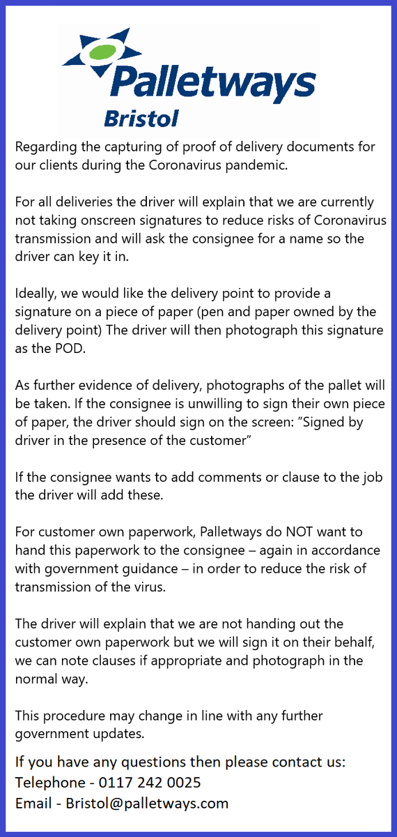 Palletways_155's tweet photo. In relation to resent events regarding Covid-19, please see below statement relating to POD's,
Please feel free to get in touch if you have any questions on 0117 242 0025.
#wedeliver #palletwaysuk https://t.co/DUTjta2Anx