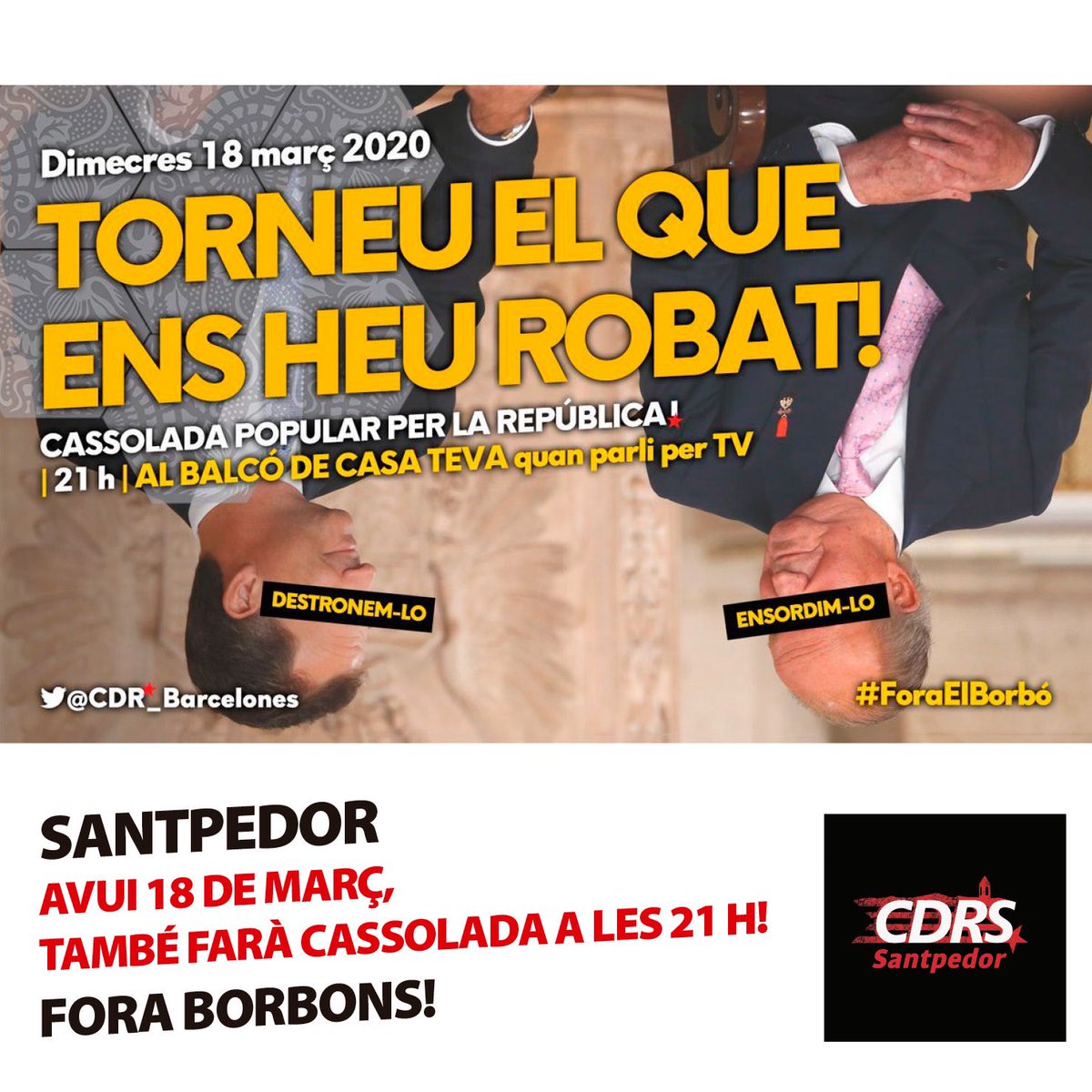 CDRSantpedor's tweet photo. 🔥👑🔥👑🔥👑🔥👑🔥👑🔥
TORNEU-NOS EL QUE ENS HEU ROBAT!!!
I TAMBÉ FOTEM FORA ELS BORBONS!!!
Avui Santpedor ens afegim a la reivindicació amb cassolada a les 21 h just quan el surti per TV!!! #foraelsborbonsdecasanostra https://t.co/f9ArIi9uiZ