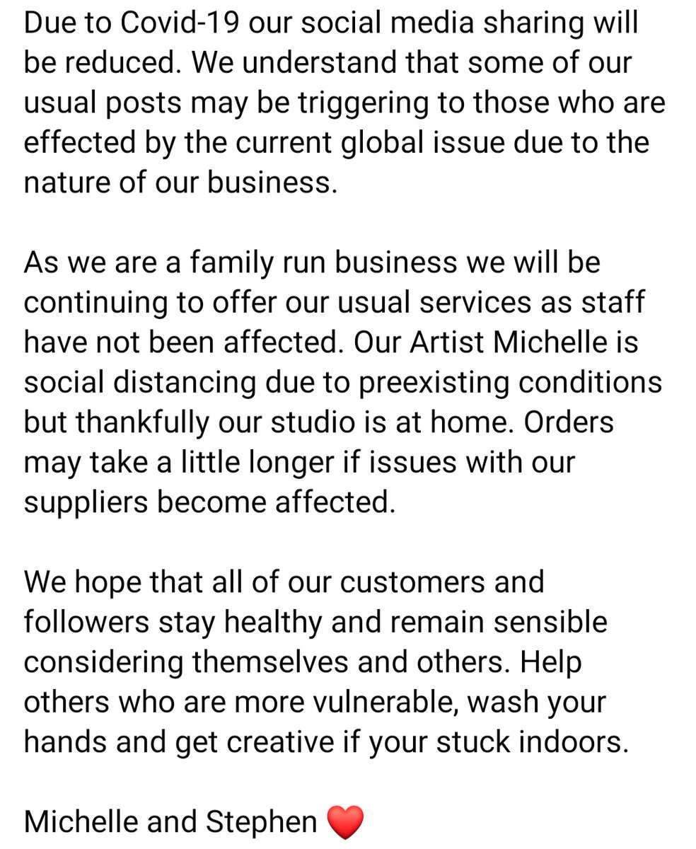Please see the attached pictures to see how we are now working due to #covid19UK

Stay safe customers and followers ❤️