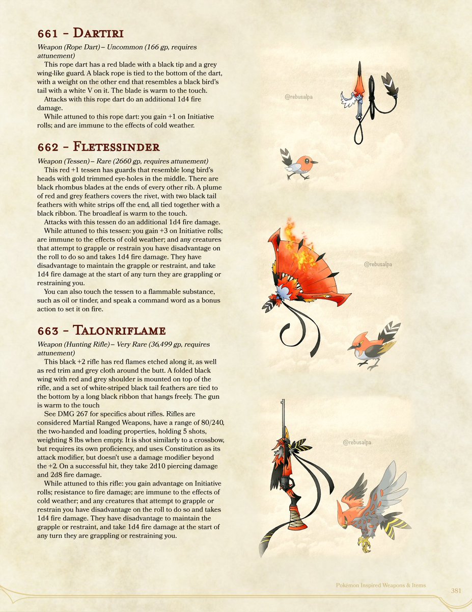 Forester Designs on Twitter: "The #DnD #Pokemon #MagicItem #OfTheDay, featuring @rebusalpa's #Fletchling, &amp; #Talonflame fly in with rope #dart, a #tessen, &amp; a #rifle, for keeping the cold weather