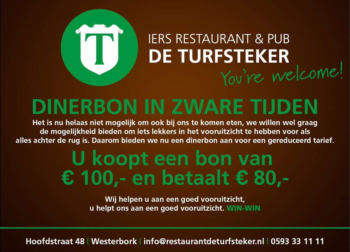 je hebt nu geen zin in het afhalen van een maaltijd.. maar al wel óntzettende zin om straks  als het kan wél weer uit eten te gaan? Koop dan nu de speciale limited edition Dinerbon in Zware Tijden. U belt, mailt of appt: wij sturen u een betaalverzoek en een bon met uniek nummer.