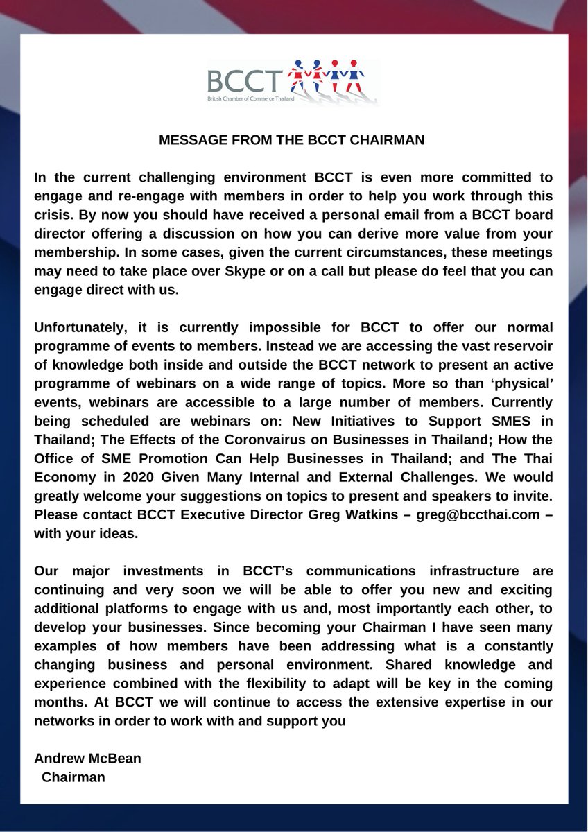 MESSAGE FROM THE BCCT CHAIRMAN