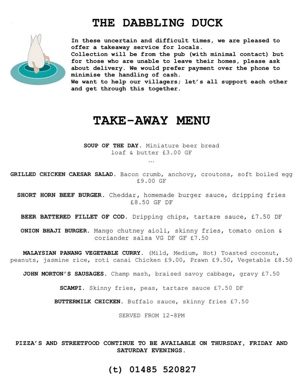 Our takeaway menu running all week ! Plus street food and pizza as normal on Thursday , Friday & Saturdays #thedabblingduckpub #takeawaymenu #supportlocal #community