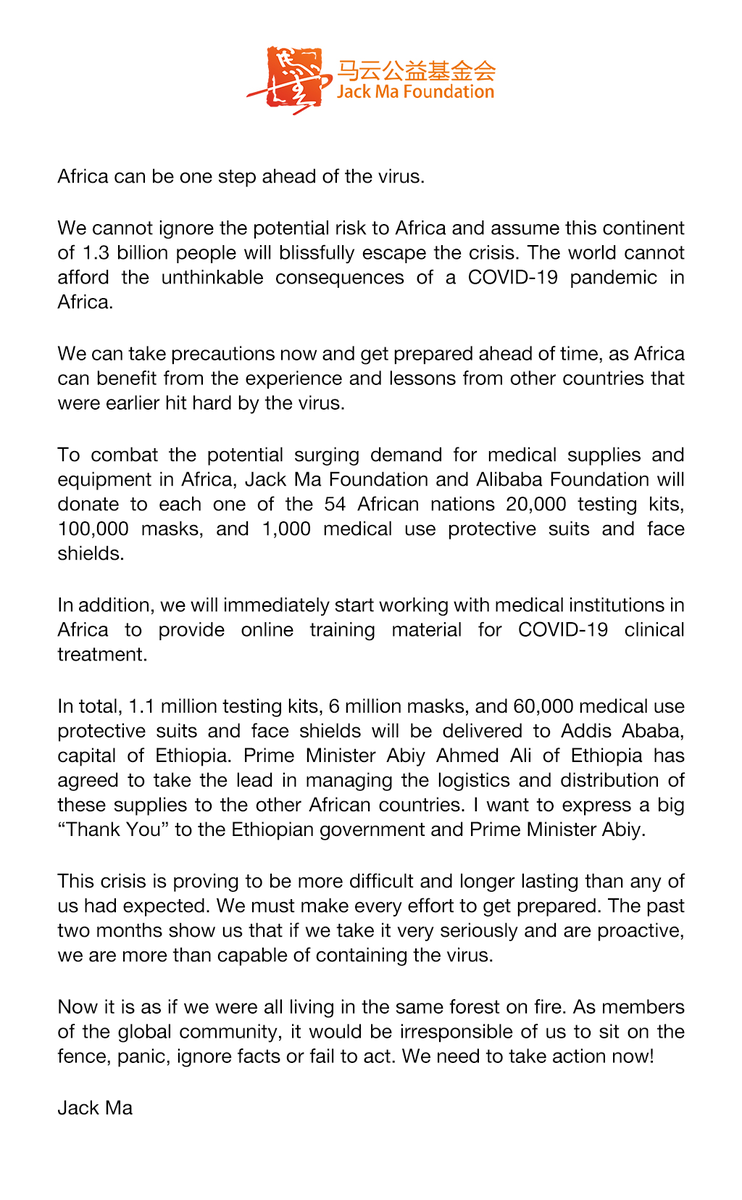 mariascargo's tweet photo. #Chinese billionaire Jack Ma, co-founder of Alibaba, says he will donate masks, test kits and protective suits through his foundation to all countries in Africa to help the continent in its fight against the novel #coronavirus. https://t.co/YGCapHaIuX