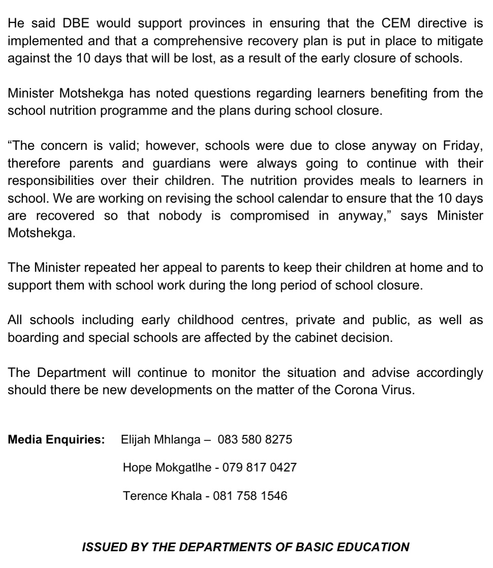 ReginahMhaule's tweet image. Good morning South Africans. There should be no confusion. Schools close today, but teachers continue to work until Friday. We hope this clarifies the matter @DBE_SA @ElijahMhlanga @HubertMweli @MshenguKwazi @Lesufi @MECTateMakgoe @PollyBoshielo @DebbieSchafer #COVID19SouthAfrica