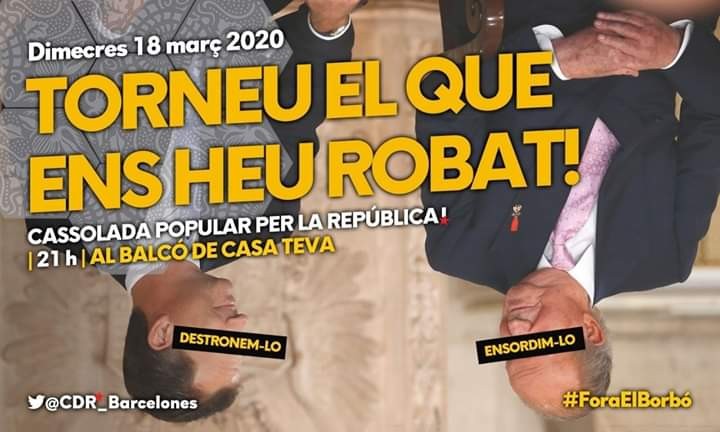 🔥👑🔥TORNEU EL QUE ENS HEU ROBAT!

El CDR Mataró convoca una cassolada per la República i contra els Borbons, coincidint amb la declaració per TV d'aquests lladres, opressors i imperialistes.

🗓️Dimecres 18 març
🕘21h
🥁Al balcó de casa teva!

#ForaElBorbó
#CDRMataró
#CDREnXarxa