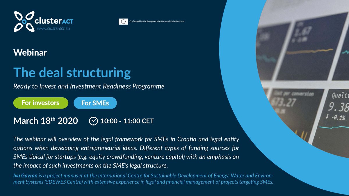 ClusterACT's tweet image. Are you working from home? 🏡 Let's make this morning more productive! Today at 10:00 CET is the #webinar on deal structuring in Croatian, Iva Gavran from our partner @sdewes_centre will overview the legal framework for #SMEs bit.ly/2wf4YmA