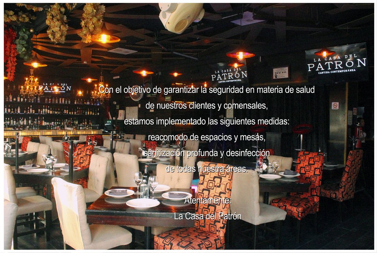 PatronPuebla's tweet photo. Con el objetivo de garantizar #Seguridad en materia de #Salud de nuestros #Clientes y #Comensales estamos implementado importantes medidas.

El reacomodo de espacios y mesas, sanitización profunda y desinfección de todas nuestra áreas; en #Puebla.

Atentamente: #LaCasaDelPatrón. https://t.co/VI441m3kXm