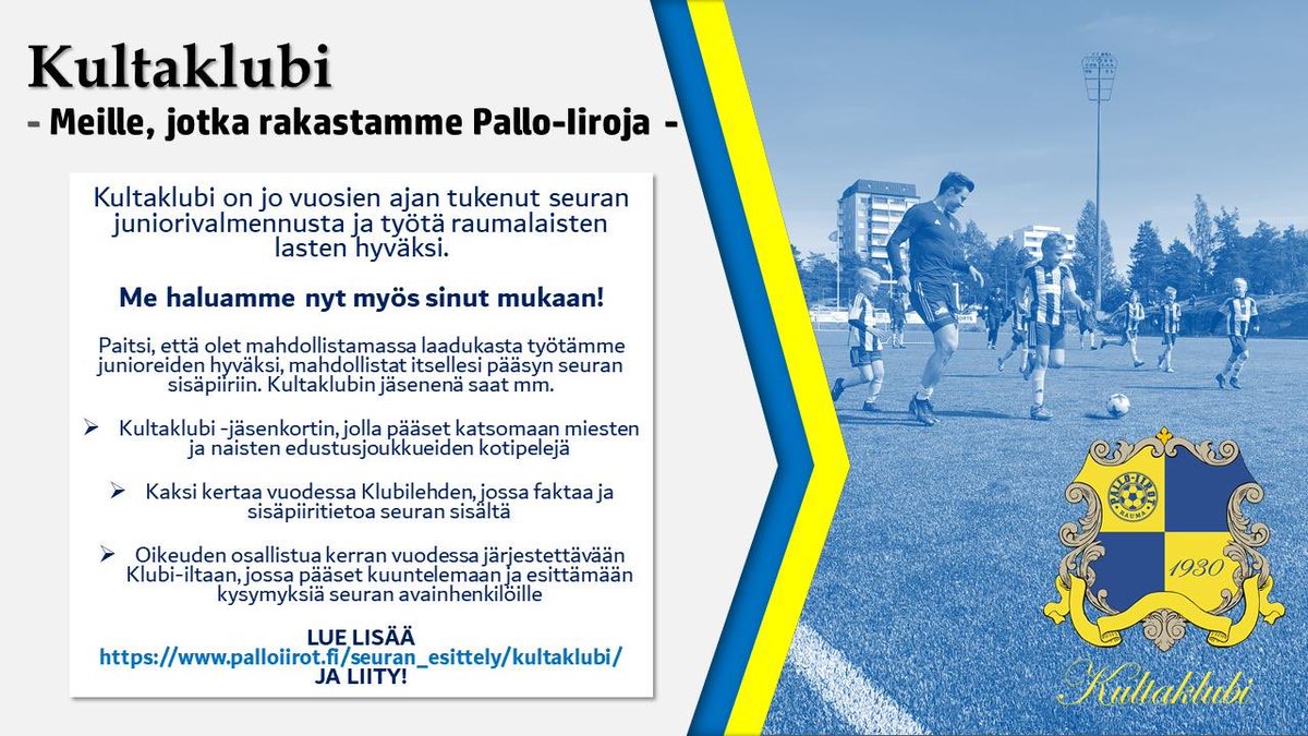 Kultaklubi jatkaa kullan arvoista työtään seuramme junioreiden hyväksi. Tule sinäkin nyt mukaan! #PalloIirot #kultaklubi #yhteisö #seurasydän ⚽️💙💛
