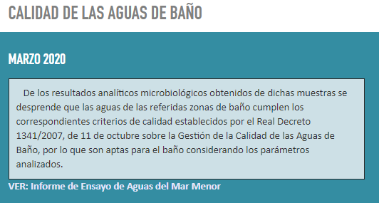 Ya está disponible en la web el informe de #CalidaddeAguas para el baño en el #MarMenor de #Marzo2020 
📥 bit.ly/32w1HLt