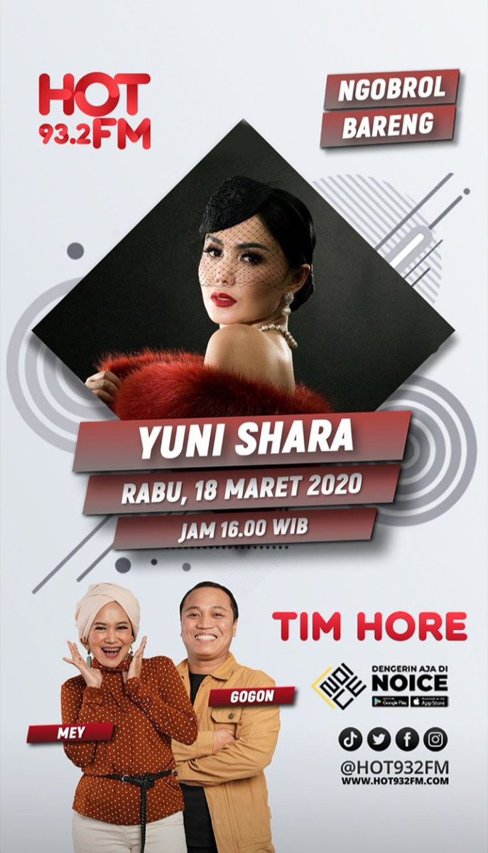 Jangan lupa dengerin yaa sore ini ada Yuni Shara Ngobrol Bareng Ka <a href="/Meymey_Azumi/">Mey Azumi</a> &amp; Bang Gon Gonzales di #TIMHORE #hot932fm