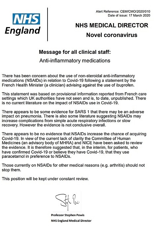 We have received the following advice from the NHS today for patients.

* USE PARACETAMOL - Ibuprofen currently should be avoided until more is known when used for #covid19 however it should NOT be stopped for other conditions.