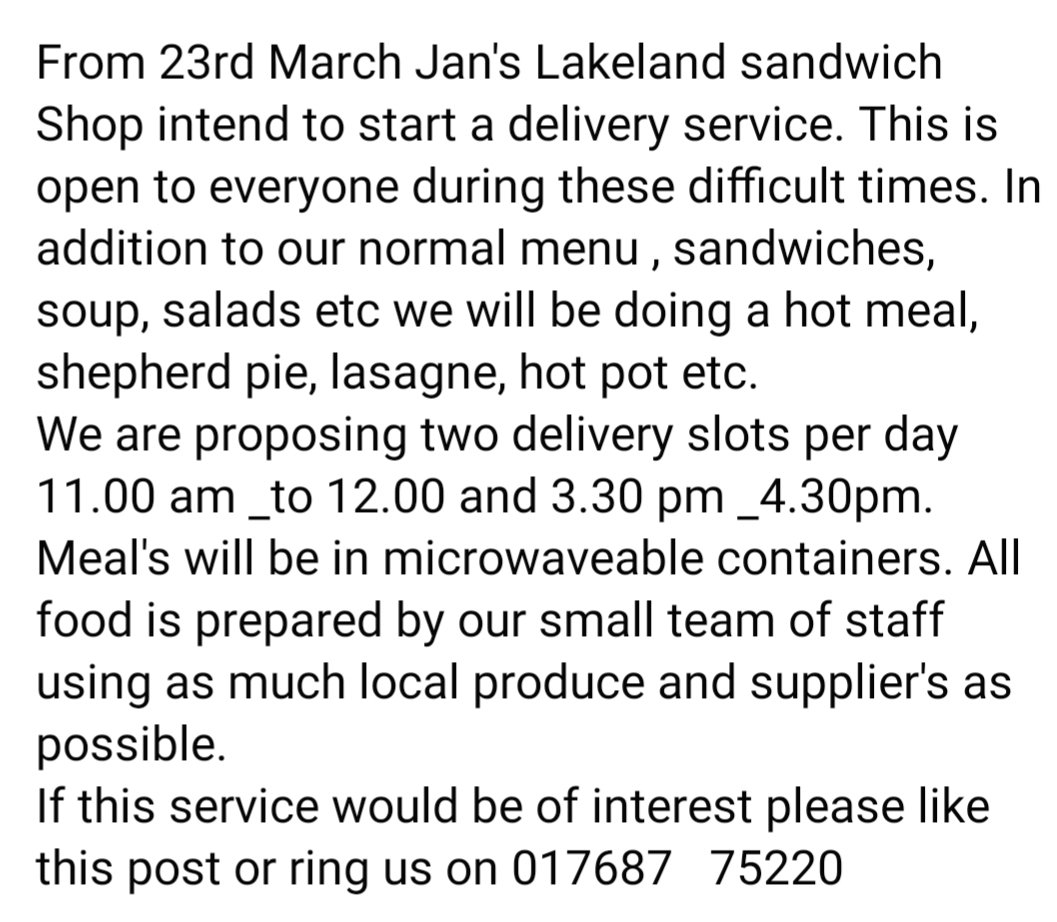 Jan's Sandwich Shop (@janslss) on Twitter photo Please see the notice below. Sorry to all outside Keswick who support us when on holidays but I'm not biking or scooting all over the UK 🛴🚲😁😁 <a href="/janslss/">Jan's Sandwich Shop</a> Please see the notice below. Sorry to all outside Keswick who support us when on holidays but I'm not biking or scooting all over the UK 🛴🚲😁😁 <a href="/janslss/">Jan's Sandwich Shop</a>
