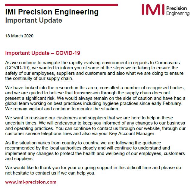 As we continue to navigate the rapidly evolving environment in regards to Coronavirus, we wanted to inform you of some of the steps we’re taking to ensure the safety of our employees, suppliers and customers.  Read more here: imi.pe/SarI50yOCTb