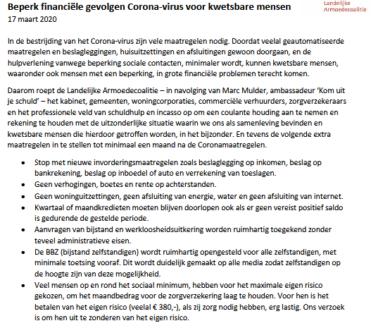 We doen een belangrijke oproep: beperk de financiele gevolgen van het corona virus voor kwetsbare burgers. Dus: leg geen beslag, verreken geen toeslagen, zet geen mensen uit hun huis, sluit ze niet af van energie etc etc. Wees mild! armoedecoalitie-utrecht.nl/nieuws/oproep-…