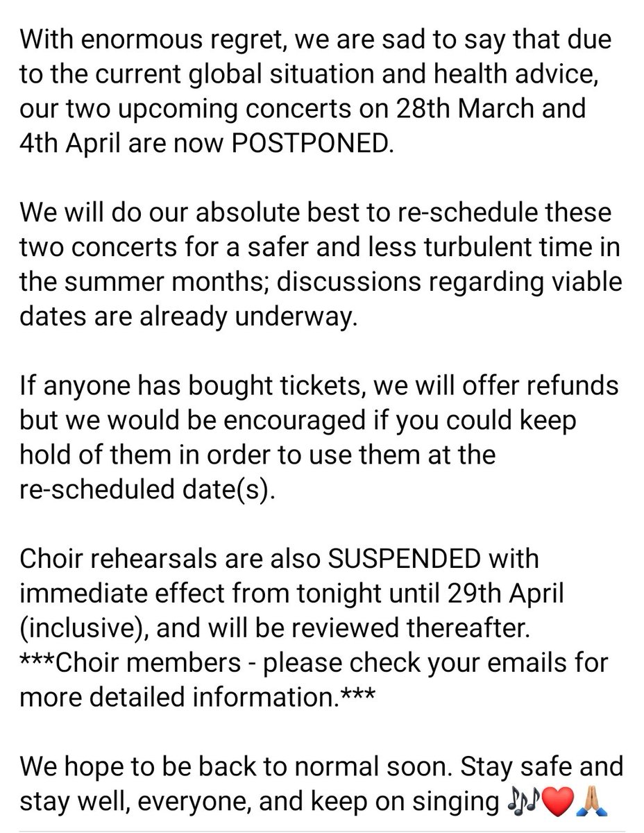 Update on our forthcoming concerts:
😢💔
<a href="/BrainTumourOrg/">The Brain Tumour Charity</a> <a href="/TeamCleo1/">Team Cleo</a> <a href="/Redd_Advertiser/">Redditch Advertiser</a> <a href="/RedStand/">Redditch Standard</a> <a href="/Brom_Advertiser/">BromsgroveAdvertiser</a> <a href="/BromStandard/">Bromsgrove Standard</a> <a href="/DroitAdvertiser/">Droitwich Advertiser</a> <a href="/worcslife/">Worcestershire Life</a>
#coronavirus #COVID_19uk