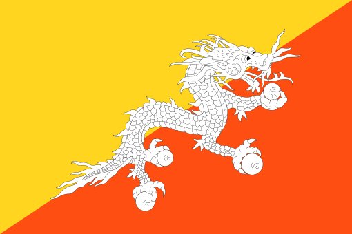 Bhutan. 10/10. Dragons are an automatic 10/10. White dragon holding four jewels on an orange & yellow background is spectacular. The equal placement of the dragon over the two colours symbolises the balance between the civic tradition and the religious tradition. 1969 adoption.
