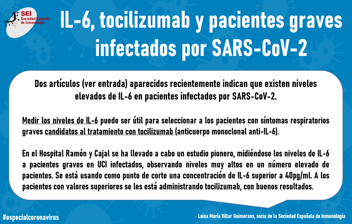 SEinmunologia's tweet photo. (1/2) Tratamiento con tocilizumab en pacientes #covid19 con síntomas respiratorios graves y niveles de IL-6 elevados está dando buenos resultados.¿Nos ayudáis con difusión?@_SEOM @Icomem_Oficial @Sociedad_SEMI @ONT_esp @redaccionmedica @InmunoHUMV @ClinicaNavarra @immunoclinicbcn https://t.co/df9Qc3Uf7y