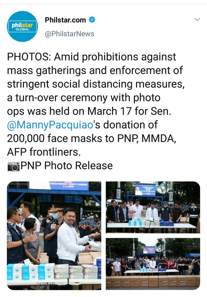 These masks were donated by Jack Ma through MP's foundation.Am also cautiously thankful to Pacquiao for pledging PPE donations pero please follow the rules too and minimize the politicking.