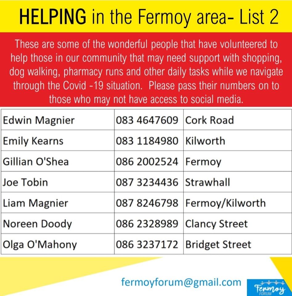 FermoyForum's tweet photo. UPDATE....We are posting list of volunteers for the local area, great to see the community coming together in these worrying times
"Great things are done by a series of small things brought together"
Vincent van Gogh https://t.co/FazvxTjMD7